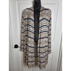 Lands' End Cardigan Sweater Womens L/P 14-16 Beige Striped Open Front Pockets